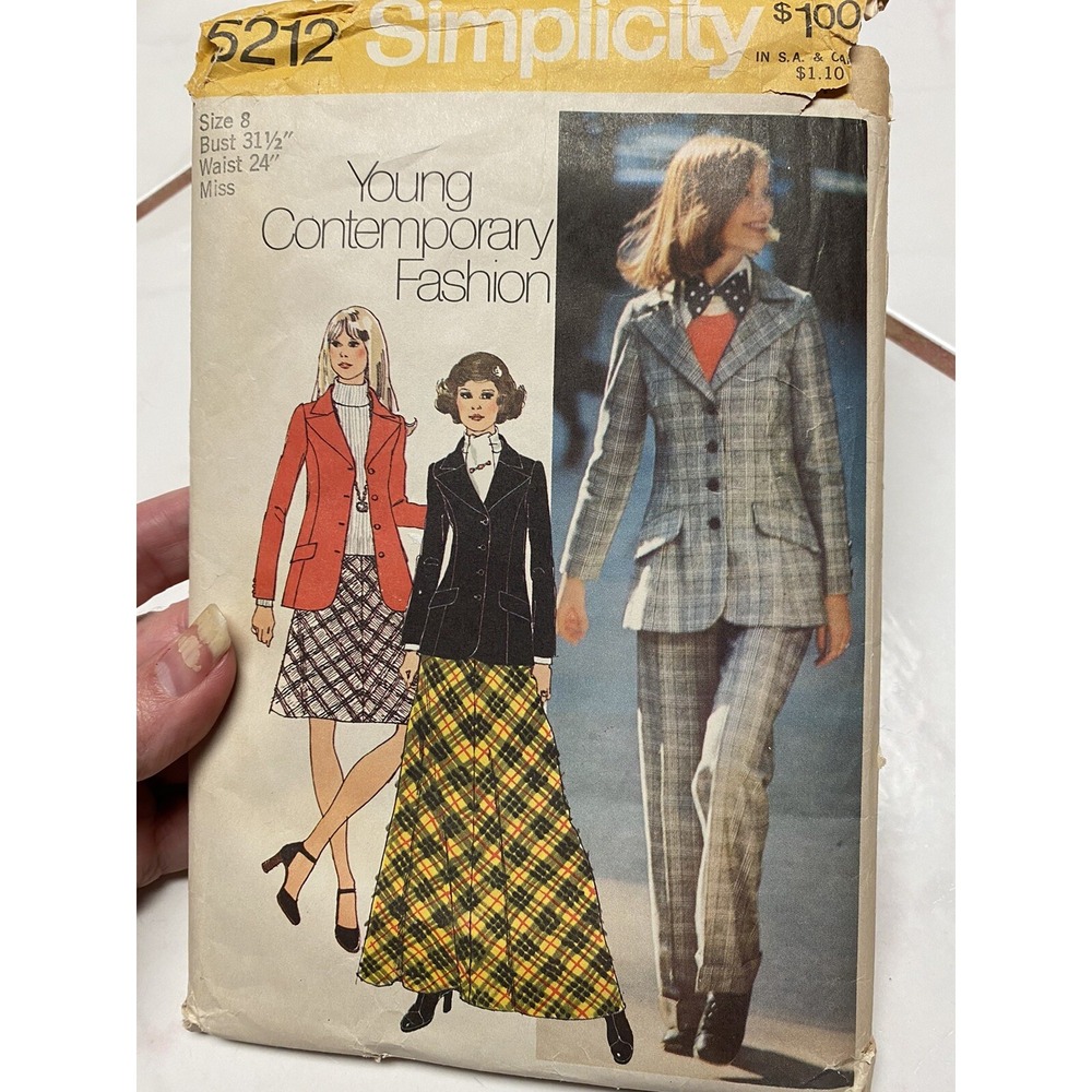 Vintage 1972 Simplicity 5212 Sewing Pattern Size 8 Blazer Skirt Pants Suit Cut